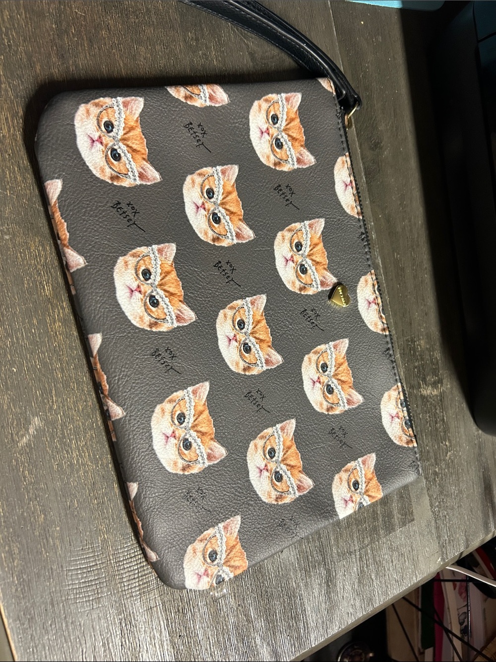 Cat Pattern Wristlet Clutch - Brown with Orange Cat Faces -luv Betsey